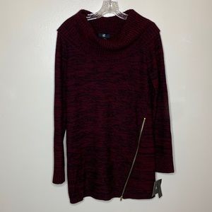 IZ BYER Sweater Wine & Black Marled Cowl Neck Exposed Front Zipper NWT Large